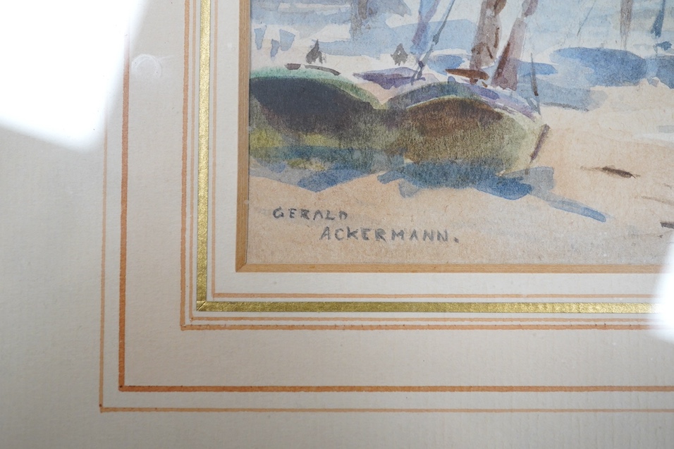 Arthur Gerald Ackermann (1876-1960), watercolour, Beached fishing boats, signed, inscribed to the mount, gallery label verso, 13 x 18cm. Condition - fair to good, some general discolouration